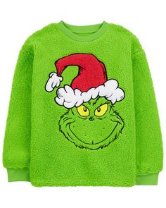 He'll love this festive Grinch pullover to wear on chilly days, designed in fuzzy sherpa with a classic print. Grinch Christmas Sweater, Toddler Boy Sweater, Fuzzy Pullover, Carter Kids, Costume Shirts, Fall Photoshoot, Shop Clothing, Ugly Sweater, Grinch