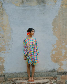 An oversized gathered dress with quarter length sleeves in madras checks with an embellished stitch of Kantha. Madras Aesthetic, Madras Checks, Content Aesthetic, Gathered Dress, Checkered Dress, Xl Dress, Bosnia And Herzegovina, Sri Lanka, Outerwear Jackets