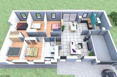 an aerial view of a house with the living room and dining area in one corner