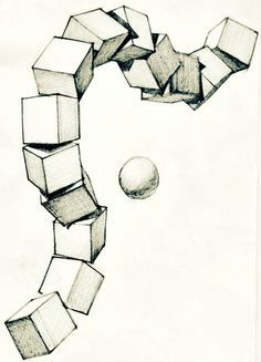 a drawing of cubes and a ball in the air