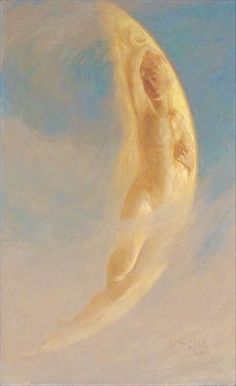 a painting of a naked man floating in the air on a cloud covered sky background