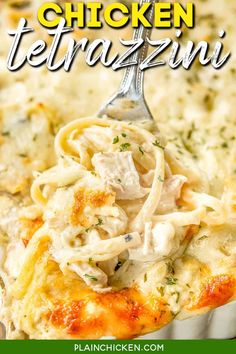 chicken tetrazzini in a casserole dish with a serving spoon