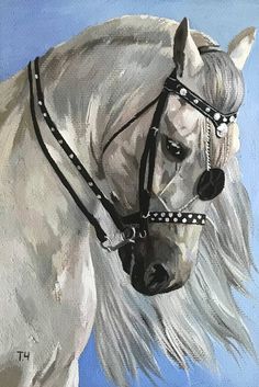 a painting of a white horse wearing a bridle