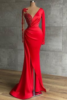 Are you looking for Elegant Long Mermaid V-neck Stretch Satin Side Slit Prom Dress with Sleeves online? Biztunnel is a best place to buy modest formal dresses. Lower Price. Ships Fast Worldwide. Red Long Sleeve Prom Dress, Long Sleeve Prom Dress Mermaid, Red Mermaid Prom Dress, Prom Dress Mermaid, Split Prom Dresses, Ruffle Prom Dress, Cheap Prom Dresses Long, Satin Evening Dresses, Long Sleeve Prom