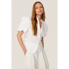 Off-white cotton (100% Cotton). Top. Collared neckline. Short sleeves. Back zipper closure. 25.5" from shoulder to hemline. Imported. Classic Fitted Puff Sleeve Top For Summer, Classic White Blouse With Gathered Sleeves, White Puff Sleeve Top With Gathered Sleeves For Summer, Chic Cotton Puff Sleeve Top For Daywear, Elegant White Puff Sleeve Top For Spring, Classic White Puff Sleeve Top For Work, White Puff Sleeve Blouse For Office, Classic Cotton Puff Sleeve Top For Daywear, White Puff Sleeve Top For Work