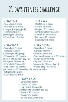 the 21 day fitness challenge is shown in blue and white