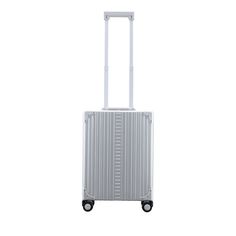 a white suitcase with wheels and handles on the bottom, in front of a white background