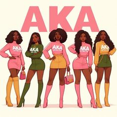 four women in pink and green outfits with the word aka on them, all wearing matching sweaters