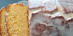 a loaf of lemon pound cake with icing on a plate next to another loaf