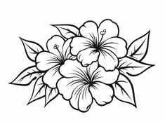 a black and white drawing of flowers with leaves on the bottom half of each flower