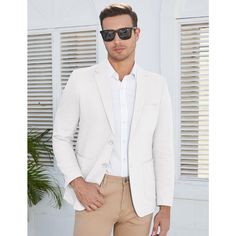 This linen suit made of hight quality cotton linen fabric, which is lightweight, breathable, soft and durable. Professional suit fabric and exquisite tailoring keeps this blazer sharp. This casual sport coat with notch lapel, regular fit, two button closure, left chest real pocket, two real side pockets, inside a real pocket, light shoulder pad. Finished by excellent stitching, this sport coat blazer has a linen texture specially designed for western men, will really make you minimalistic, elega Linen Single-breasted Sport Coat For Work, Cream Semi-formal Sport Coat With Notch Lapel, Casual White Single-breasted Sport Coat, Semi-formal Cream Single-breasted Sport Coat, Unstructured Linen Single-breasted Sport Coat, Ivory Outfit, Linen Sport Coat, Business Jacket, Outwear Fashion