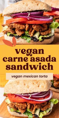 vegan carne asada sandwich with lettuce and tomato