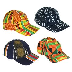 This set of 4 African Print Caps brings vibrant African culture and style to your everyday look. Each cap features a unique and colorful print, perfect for adding a bold statement to any outfit. Whether you're going for a casual day out or looking to accessorize your sporty attire, these caps provide the perfect blend of comfort and fashion. Features: 4 unique African print designs Velcro back adjuster for a customized fit Lightweight and breathable fabric Size: The back of the cap has a velcro African Print Designs, African Products, African Hats, Traditional African Clothing, African Royalty, African Accessories, African Textiles, Natural Body Care, Body Oils