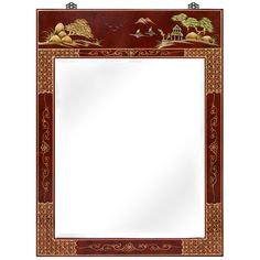 A scenery designed to fit the frame, this mirror is hand painted with gold highlighted Chinoiserie motif. Glossy red lacquer finish with matching brass hardware completes the overall look. Nicely suited to hang above a cabinet or chest. See our cabinet collection to find the perfect match for this mirror. Vertical Mirror, Lacquered Mirror, Chinoiserie Motifs, Chinoiserie Design, China Furniture, Red Lacquer, Gold Highlights, Desk Set, Beveled Mirror