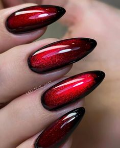 Black And Red Cats Eye Nails, Red Black Glitter Nails, Metal Concert Nails, Cats Eye Halloween Nails, Blood Red Nails Acrylic, Red Iridescent Nails, Red And Black Cat Eye Nails, Black And Red Cat Eye Nails, Red Cats Eye Nails