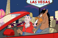 a man driving a car with two horses in front of the las vegas sign at night