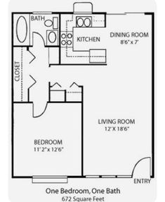 the floor plan for a one bedroom, one bath apartment