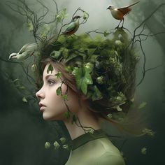 a woman with birds on her head surrounded by leaves