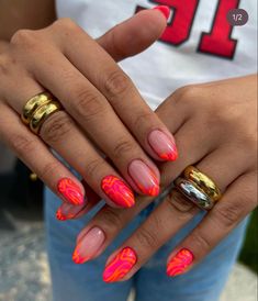 Vibrant Nails, Summer Acrylic Nails, Oval Nails, Orange Nails, Hot Nails, Beauty Nail