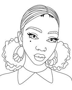 a black and white drawing of a woman's face with large earrings on her head