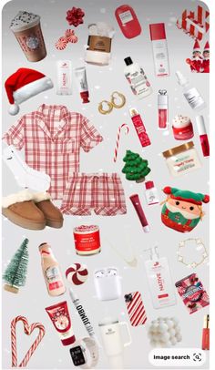 an assortment of christmas items are arranged on a white background with snowflakes and candy canes