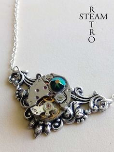 This is one of our newest creations, available with different Swarovski crystals: pick your favorite color! This steampunk necklace features a real watch mechanism to give an industrial look to this refined victorian inspired setting. The link chain is 925 Sterling Silver. This fantastic necklace will be gift boxed . We offer FREE shipping on the second any any subsequent items when you shop with us All you need to do is add the item to your Shopping Cart and pay with Etsy's checkout system and Handmade Steampunk Metal Necklace, Steampunk Silver Pendant Necklace, Steampunk Style Round Pendant Necklace Gift, Silver Steampunk Pendant Necklace, Steampunk Nickel-free Necklace For Gift, Steampunk Handmade Pendant Necklaces, Steampunk Pendant Necklace Handmade, Steampunk Handmade Pendant Necklace, Steampunk Handmade Jewelry For Jewelry Making