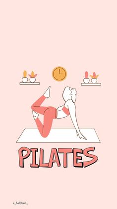 a woman doing pilates on a mat with the words pilates below her