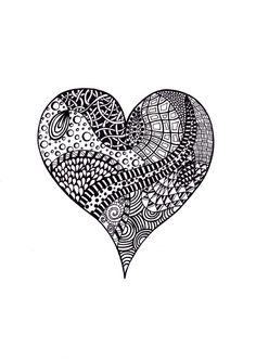 a black and white drawing of a heart with abstract designs on the inside of it