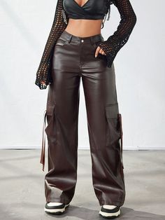 Street Maillard Flap Pocket Side Tape Detail PU Leather Wide Leg Cargo Pants Brown Casual   PU Leather Plain,All Over Print Cargo Pants Non-Stretch  Women Clothing, size features are:Bust: ,Length: ,Sleeve Length: Black Women Leather Pants Outfit, Cargo Leather Pants Outfit, Leather Cargos, Leather Pants Outfit, Stand Collar Jackets, Leather Pants Women, 90s Outfit, Flare Leg Pants, Pantalon Cargo