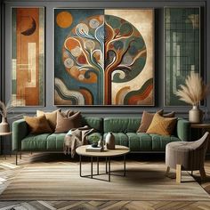 a living room with green couches and paintings on the wall above them, along with two chairs