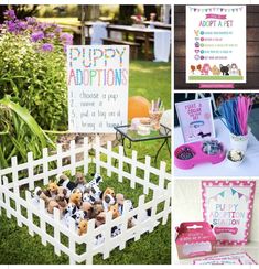 a collage of pictures with dogs and birthday items on them, including a sign that says puppy puppition