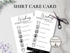 two business cards with the words, shirt care card and instructions for sewing on them