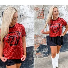 Great For A Game Day Tailgate Or Party. Stylish Tunic Tops, Ga Bulldogs, Stylish Tunic, Gameday Couture, Foot Ball, Gameday Outfit, Dress Ideas, Sports Apparel, Ball Dresses