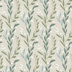 a floral pattern with white flowers and green leaves on a beige wallpaper background that looks like fabric