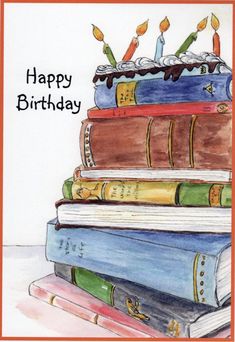 a birthday card with books stacked on top of each other