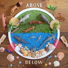 a bowl filled with fake sea animals on top of a wooden table