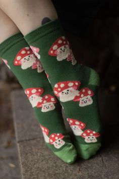 Mellow Mushrooms Fuzzy Crew – Sock Dreams Cute Green Socks For Stocking Stuffers, Green Novelty Socks For Winter, Playful Green Socks For Stocking Stuffers, Playful Green Winter Socks, Mushroom Things, Mushroom Socks, Socks Aesthetic, Silly Socks, Mossy Green