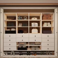 an organized closet with shoes, boxes and other items on the shelves in front of it