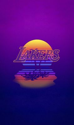 the los angeles lakers logo is shown in front of an orange and purple background with trees