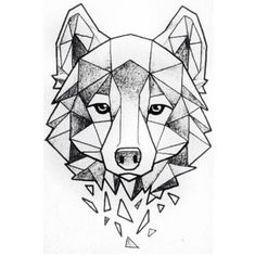 a black and white drawing of a wolf's head with geometric shapes on it