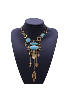 Blue Bohemian Necklaces For Party, Bohemian Blue Necklace With Adjustable Chain, Blue Jeweled Metal Necklaces, Blue Metal Necklaces With Jewels, Vintage Blue Jeweled Necklaces, Vintage Blue Turquoise Metal Necklace, Blue Jeweled Costume Jewelry Necklaces, Blue Costume Jewelry Necklaces With Jewels, Blue Jeweled Costume Necklaces