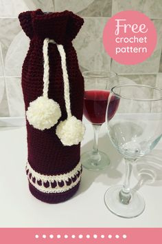 This easy wine cozy is the perfect Christmas gift, and you can make it yourself using this free crochet pattern. With a detailed tutorial and instructions for adding pompoms, this handmade bottle cover is a quick and fun project. Personalize your gifts and impress your friends with this creative design! Wine Cozy, Crochet Wine, Christmas Wine Bottle Covers, Wine Bottle Sleeves, Heart Stitch, Bottle Cozy, Bottle Cozies, 4mm Crochet Hook