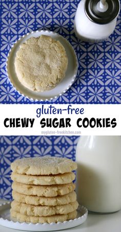 gluten - free chewy sugar cookies on a plate next to a bottle of milk