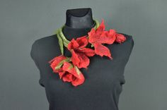 "Large red flowers necklace - lariat / wrap necklace. Unique felted necklace handcrafted using a delicate merino wool, shapes like a long light green stem with large red flowers at both ends. You can wrap it around your neck several times or wrap it once and let it fall free until your waist. Perfect for special occasions, when you want to stand out and feel exceptional. Length of necklace: 142 cm / 55.90\" Single rope. It is a 100% handmade, unique item, but if you like the design, contact me a Handmade Red Flower Necklace, Red Flower Bohemian Necklace, Elegant Red Lariat Necklaces, Elegant Red Lariat Necklace, Handmade Red Nature-inspired Necklace, Unique Red Necklaces For Wedding, Unique Red Necklace For Wedding, Unique Red Wedding Necklaces, Unique Red Wedding Necklace