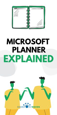 two people standing next to each other in front of a book with the title microsoft planner explaining