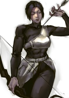 a drawing of a woman in black and silver outfit holding an arrow with both hands