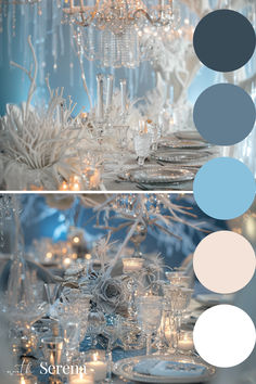 the table is set with white and blue decorations