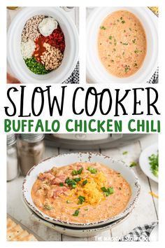 the slow cooker buffalo chicken chili is ready to be eaten and served in bowls