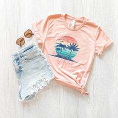 These sunset chaser shirts are so light & comfy - perfect for a well deserved beach vacay with your favorite people. They're a simple and classic tee you can wear year after year. Super cute paired with a cardigan. It fits like a well-loved favorite. Soft, light weight cotton. These t-shirts have-ribbed knit collars to bolster shaping. The shoulders have taping for better fit over time. Dual side seams hold the garment's shape for longer. - DTG printing method. - Unisex sizing - Distressed design - 100% Airlume combed and ringspun cotton (fiber content may vary for different colors) - Light fabric - Retail fit - Tear away label - Runs true to size These shirts are made to order. Unfortunately, we are unable to speed up production times. It may be possible to expedite shipping only for an a Beach Shirt Ideas, Beach Outfits Teenager, Vacation Shirts Beach, Retro Tropical, Sunset Shirt, T-shirt Print Design, Beach Lover Gifts, Tropical Sunset, Beach Vacay