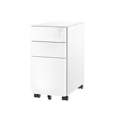 a white filing cabinet sitting on wheels against a white background